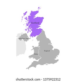 Vector isolated simplified illustration icon with grey silhouette of United Kingdom of Great Britain and Northern Ireland's provinces. Selected administrative division - Scotland. White outline