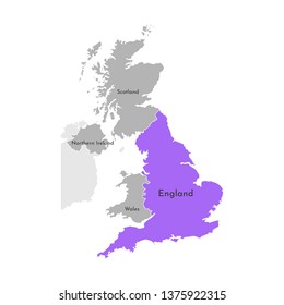 Vector isolated simplified illustration icon with grey silhouette of United Kingdom of Great Britain and Northern Ireland's provinces. Selected administrative division - England. White outline
