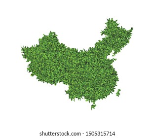 Vector isolated simplified illustration icon with green grassy silhouette of China map. White background