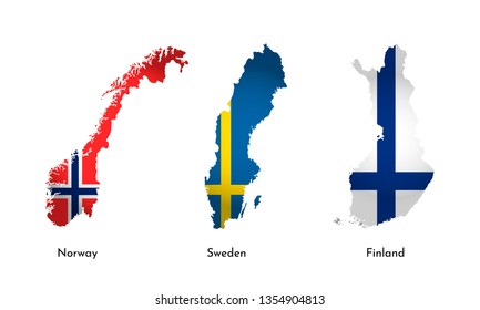 Vector isolated simplified illustration icons with silhouettes of Finland, Norway, Sweden maps. National flags. White background