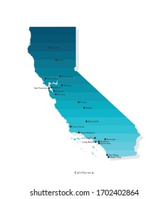 Vector isolated simplified illustration with map of State of California (USA) in blue gradient colors. Tags with big cities. White background.