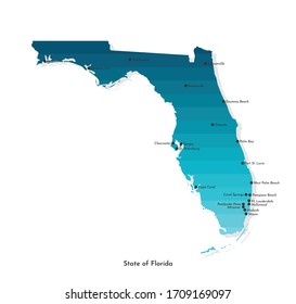 Vector isolated simplified illustration with map of State of Florida (USA) in blue gradient colors. Tags with big cities. White background.