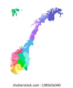 Vector isolated simplified illustration with silhouette of Norway, colorful contours of regions. White background