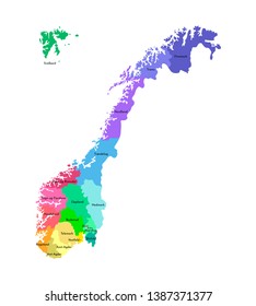 Vector isolated simplified illustration with silhouette of Norway, colorful contours of regions. Names of counties. White background