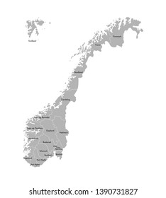 Vector isolated simplified illustration with silhouette of Norway, grey contours of regions. Names of counties. White outline and background