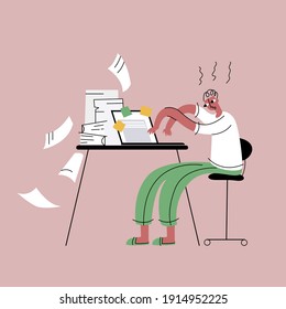 Vector aislado, ilustración simplificada de un hombre cansado trabajando en su casa en línea, en su laptop. Concepción de trabajo remoto, plazo límite, agotamiento, estrés.