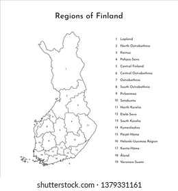 Vector isolated simplified map of Finland regions. Borders and names of administrative divisions. Black outline. White background