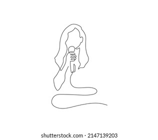 Vector isolated singing girl with microphone single line abstract black and white graphic drawing