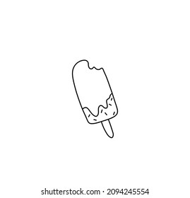 Vector Isolated Single Bitten Ice Cream On A Popsicle Stick Black And White Icon, Logotype, Symbol, Emblem. Doodle Popsicle Drawing