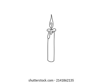 Vector isolated single burning wax candle colorless black and white contour line drawing