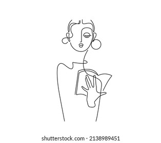 Vector isolated single line drawing a beautiful girl holding an open book in her hand