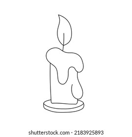Vector isolated single short burning wax candle colorless black and white contour line drawing