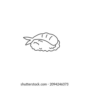 Vector isolated single sushi with shrimp black and white icon, logotype, symbol, emblem. Doodle rice sushi shrimp drawing