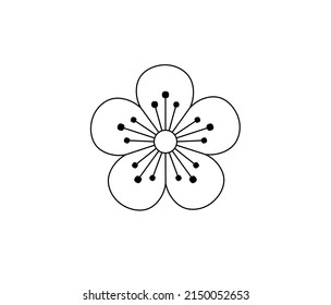 Vector isolated single symmetrical five petals sakura flower blossom with stamens pretty flower colorless black and white contour line drawing