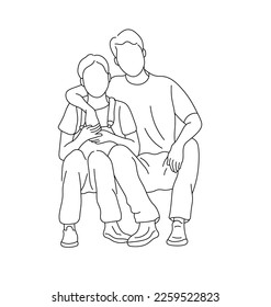 Vector isolated sitting man embraces woman family portrait  colorless black   white contour line easy drawing