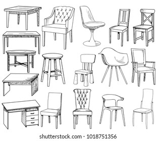 vector, isolated sketch chair on white background, set