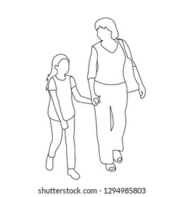 vector, isolated, sketch, contour mom with a child walking