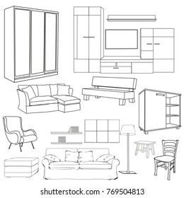 vector, isolated sketch of furniture, collection