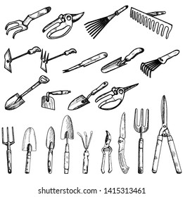 Vector, Isolated, Sketch With Lines, Garden Tools Set