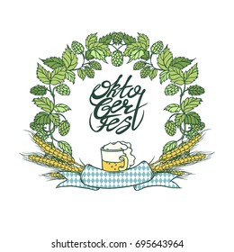Vector isolated sketch retro illustration Oktoberfest. Mug beer, wreath frame from hops and ear of wheat. Ribbon with pattern of rhombuses. Lettering the inscription in circle. Emblem of the holiday.