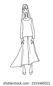 Vector Isolated Sketch Of Standing Girl (young Woman) Wearing Long Skirt. Outline Design.