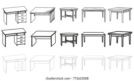 vector, isolated sketch of a table, set