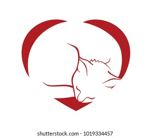 Vector isolated sleeping cat in heart. Compound path graphic for cutting. 