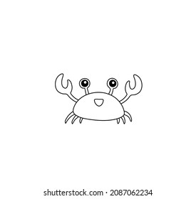 Vector isolated small cute cartoon crab. Black and white contour outline drawing crab. 