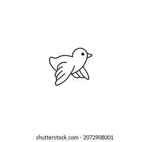 Vector isolated small flying bird contour black line simple graphic drawing. Drawn bird icon, logotype, symbol