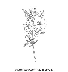 Vector isolated small pretty bouquet boutonniere with gypsophila and ferd and flowers colorless black and white contour line graphic drawing