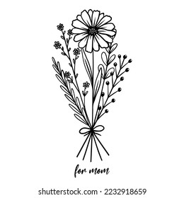 Vector isolated small pretty bouquet boutonniere black and white contour line graphic drawing