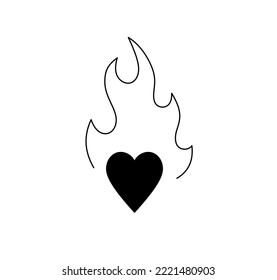 Vector isolated small simple black heart with fire flames colorless black and white contour line easy drawing