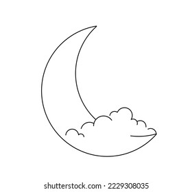 Vector isolated small simple crescent moon and clouds symbol  colorless black   white contour line easy drawing