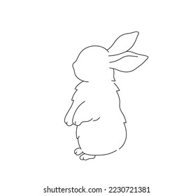 Vector isolated small simple cute rabbit bunny hare standing on hind paws colorless black and white contour line easy drawing