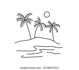 Vector isolated small simple minimal palm trees and sea landscape colorless black and white contour line easy drawing