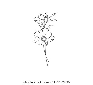 Vector isolated small simple pretty bouquet or boutonniere with anemone flowers colorless black and white contour line drawing