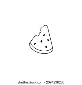 Vector isolated small simple single bitten triangle piece of watermelon  with black seeds contour line drawing. Colorless minimal tiny watermelon slice outline doodle sketch.