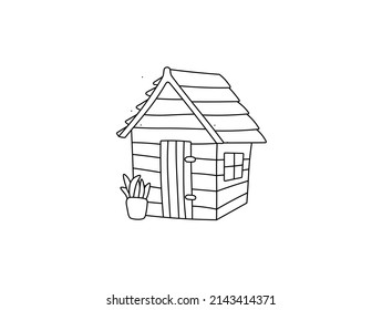 Vector isolated small simple wooden hut colorless black and white contour line doodle drawing