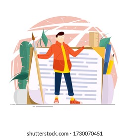 Artista inteligente aislado de vectores está escribiendo un guión gráfico para trabajar sobre fondo blanco, plantas decorativas en ollas y papelerías, ilustración 