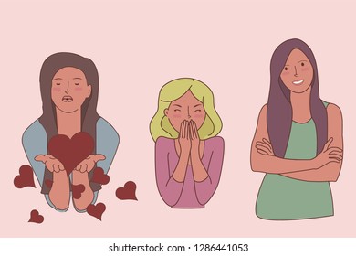 Vector isolated smiling Young girls, love, relationship, shy girls, giggling, smile, air kiss.