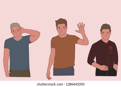 Vector isolated smiling young guys, love, relationship, shy boy, smile, flower.