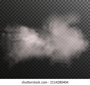Vector isolated smoke PNG. White smoke texture on a transparent black background. Special effect of steam, smoke, fog, clouds.	
