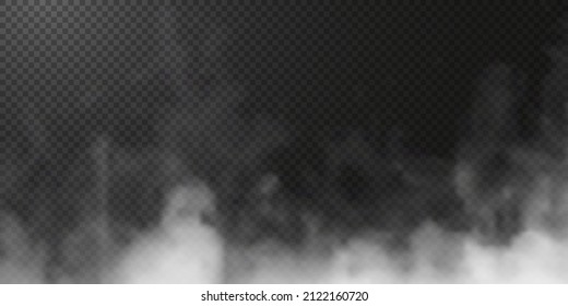 Vector isolated smoke PNG. White smoke texture on a transparent black background. Special effect of steam, smoke, fog, clouds.	