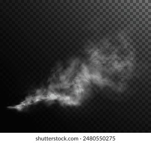 Vector isolated smoke PNG. White smoke texture on a transparent black background. Special effect of steam, smoke, fog, clouds.