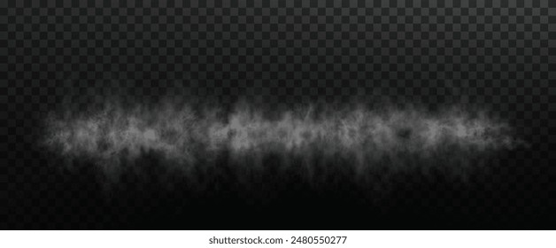 Vector isolated smoke PNG. White smoke texture on a transparent black background. Special effect of steam, smoke, fog, clouds.