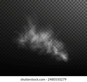 Vector isolated smoke PNG. White smoke texture on a transparent black background. Special effect of steam, smoke, fog, clouds.