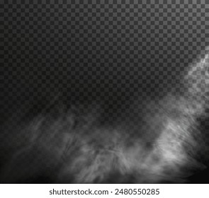 Vector isolated smoke PNG. White smoke texture on a transparent black background. Special effect of steam, smoke, fog, clouds.