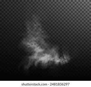 Vector aislado humo PNG. Textura de humo blanco sobre fondo negro transparente. Efecto especial de vapor, humo, niebla, nubes.	
