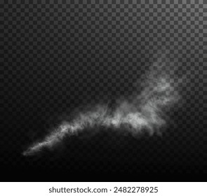 Vector isolated smoke PNG. White smoke texture on a transparent black background. Special effect of steam, smoke, fog, clouds.