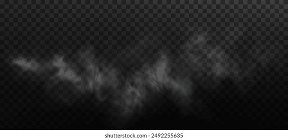 Vector aislado humo PNG. Textura de humo blanco sobre fondo negro transparente. Efecto especial de vapor, humo, niebla, nubes.